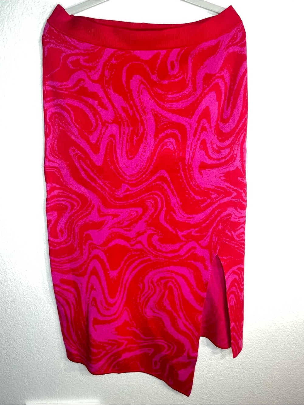 Vibrant Pink Red Swirl Asymmetrical knit Midi Skirt